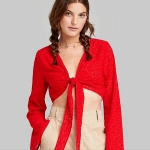 Red Wild Fable Sheer Floral Bell-Sleeve Top